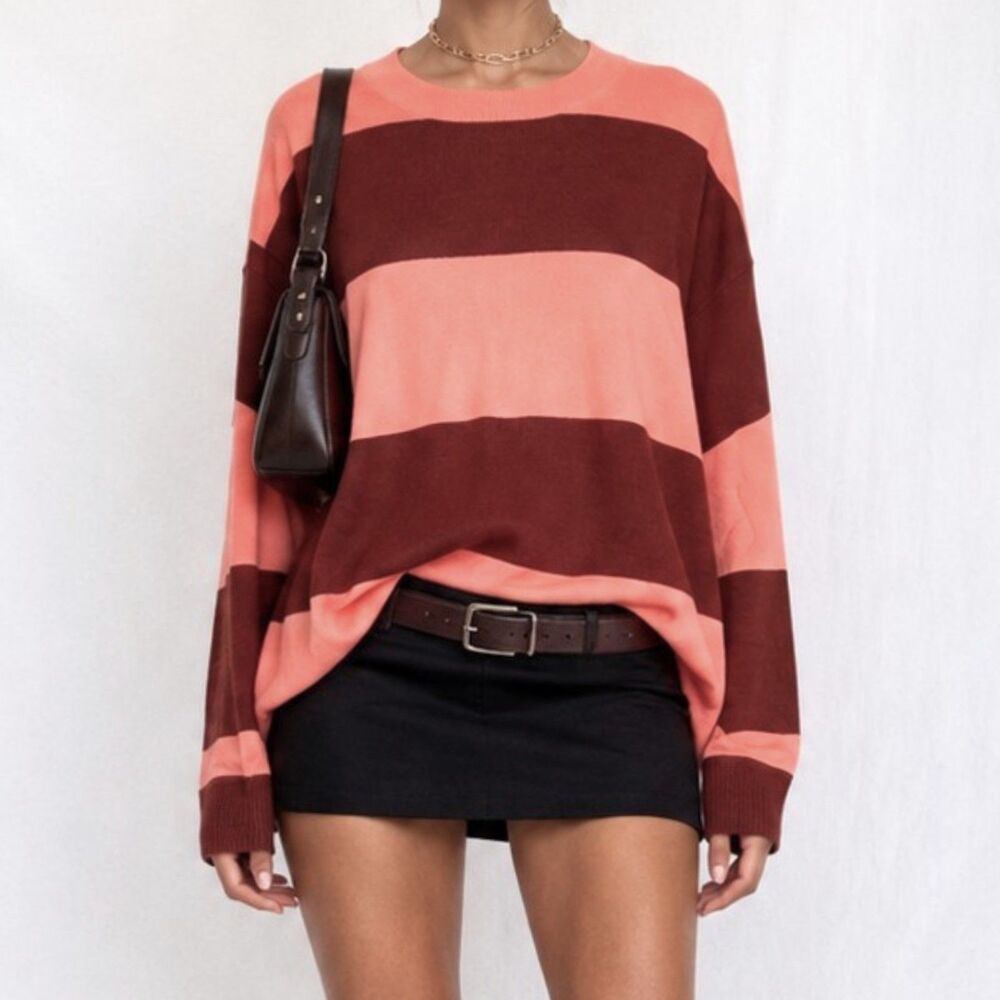 Vintage Y2K Orange Brown Crewneck Knit Striped Oversized Pullover Sweater Size S